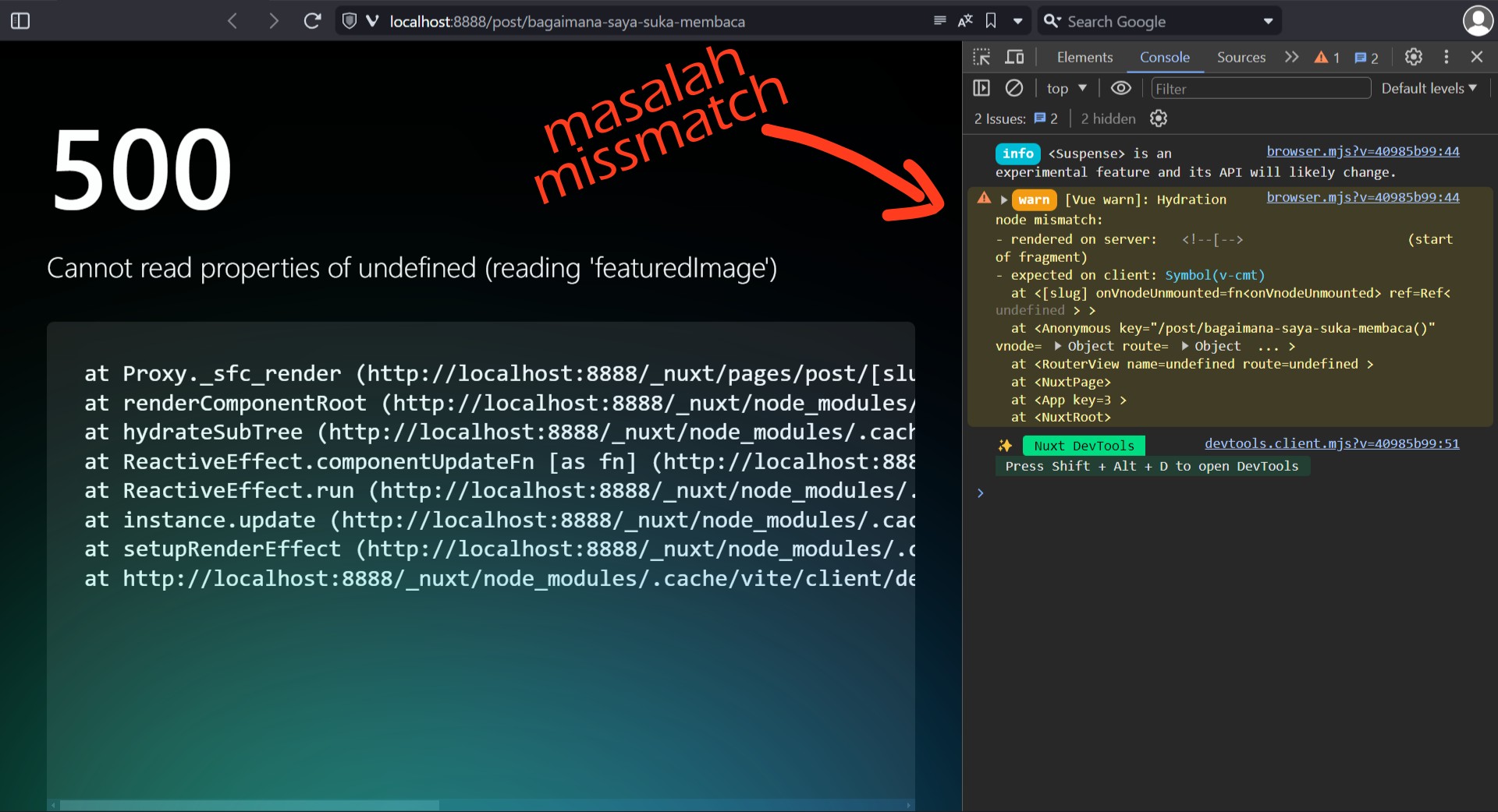 Console Menunjukkan Missmatch Nuxt